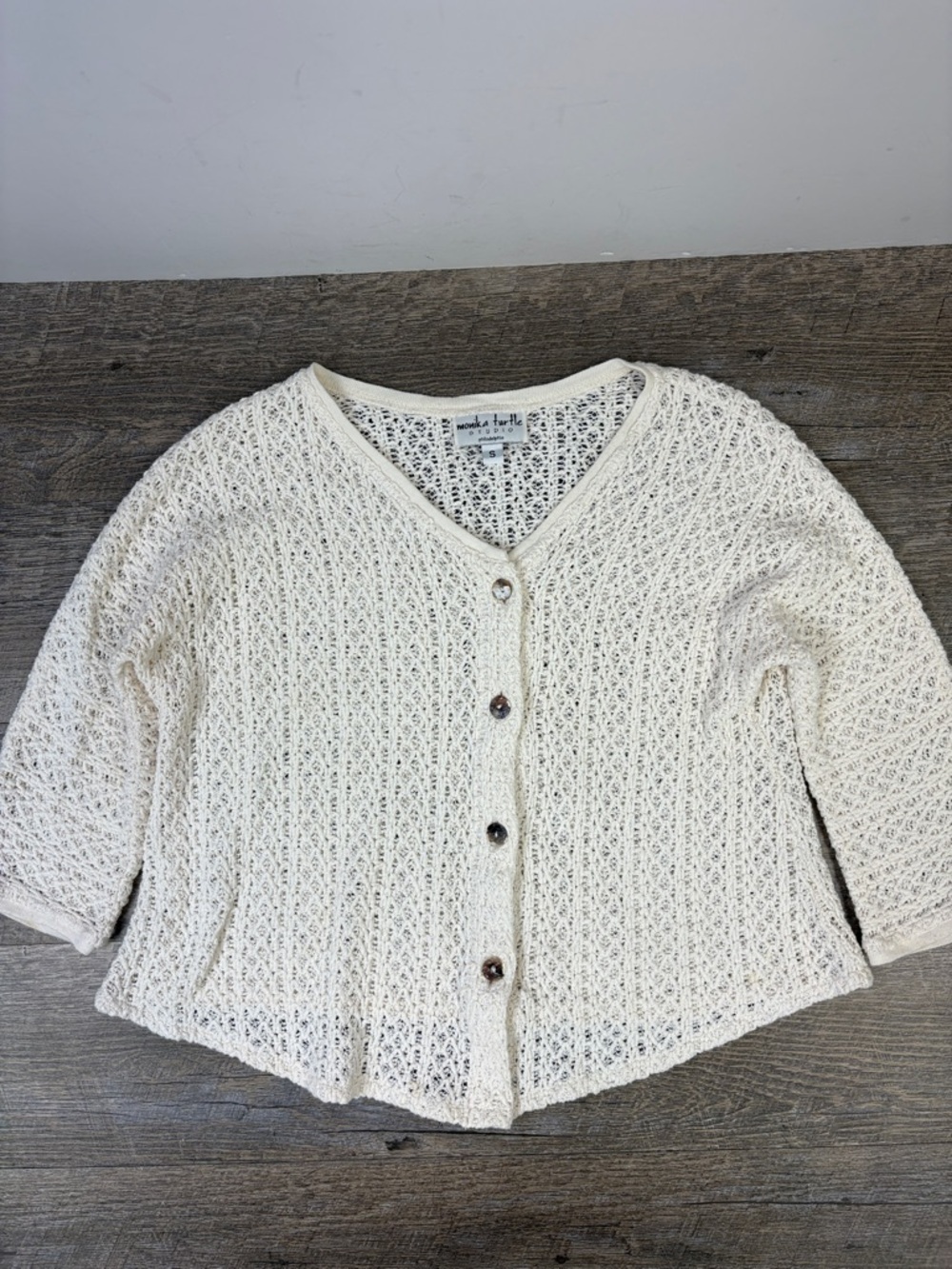 Monika Tuttle Studio Crochet Knit Cardigan Ivory Open Knit Crop Made in USA